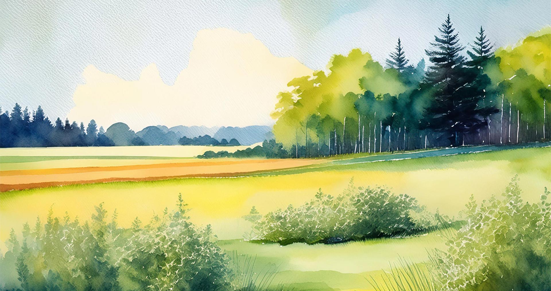 Grafik in Aquarell-Stil von einer Wiese mit Wald im Hintergrund und zwei Büschen im Vordergrund.